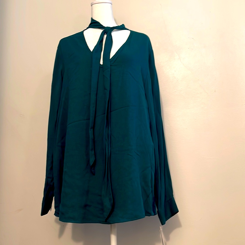 Falls Creek Long Sleeve Green V-Neck Top With Necktie, 1x Really Nwt (23g11c84)